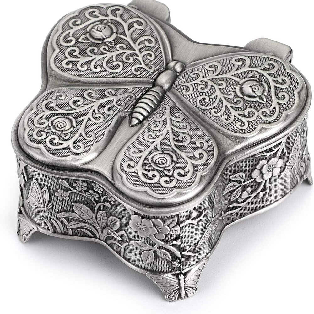 Silver Jewelry Trinket Box Butterfly Shape Treasure Chest Ring‎ Earrings Metal